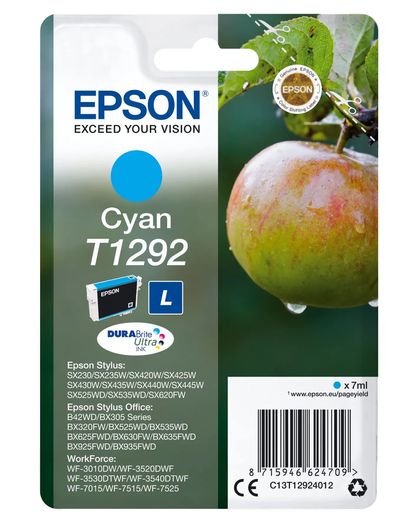 Epson T1292 -mustekasetti, 7 ml, cyan