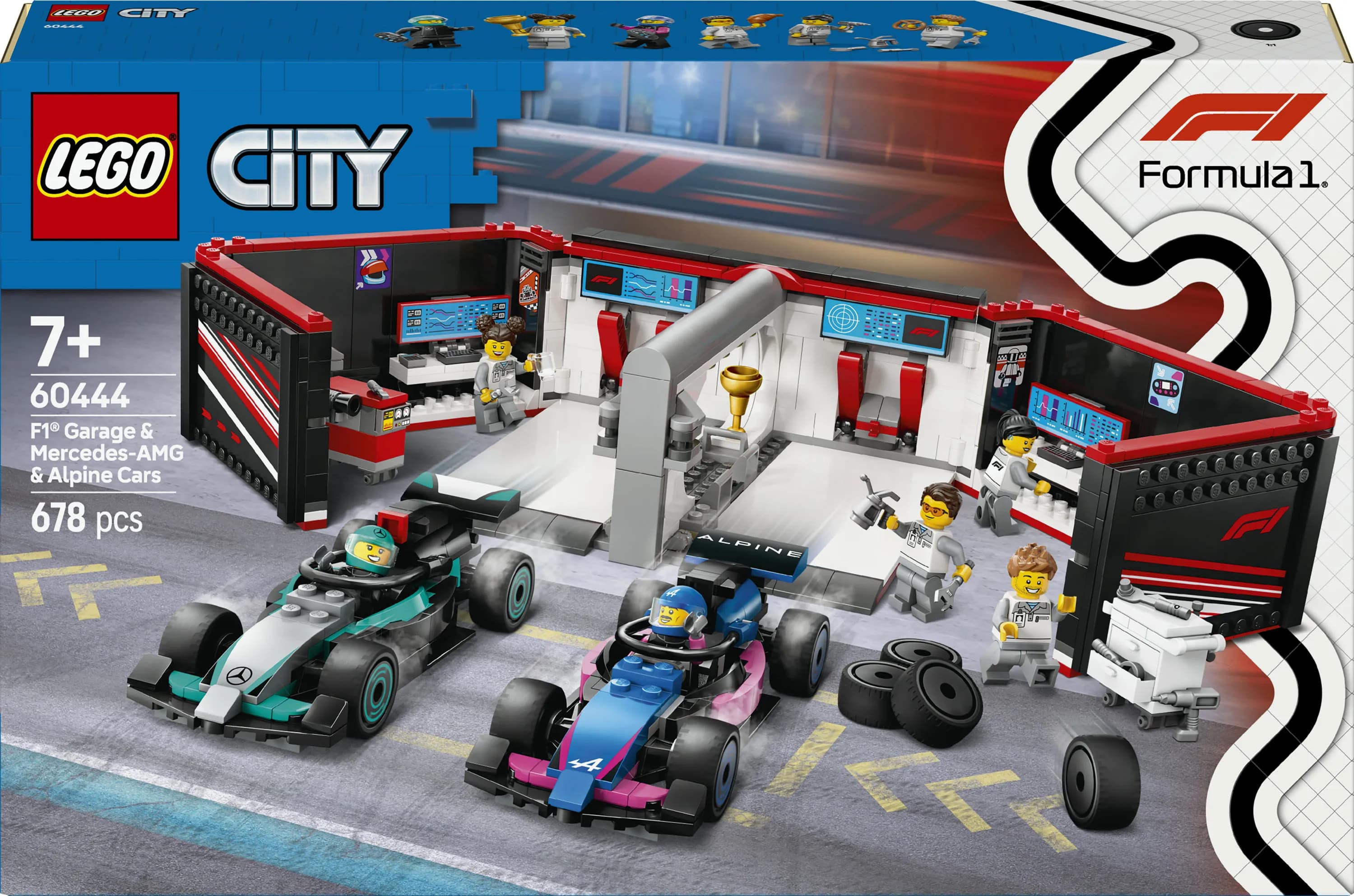LEGO City F1-varikkotalli Mercedes-AMG- ja Alpine-autoilla 60444