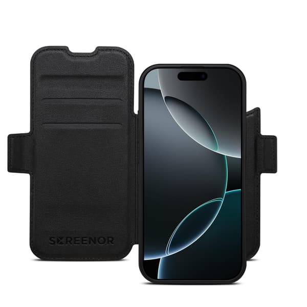 Screenor First 2-in-1, iPhone 17 Pro, MagSafe -lompakkokotelo, Musta