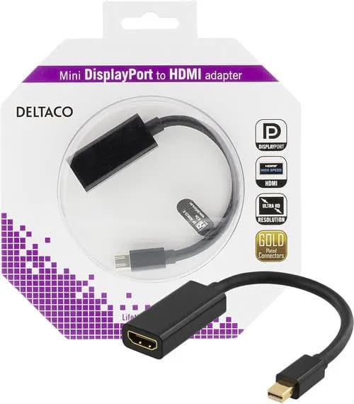 DELTACO Mini Displayport - HDMI sovitin, 4K, audio, 0,2, musta
