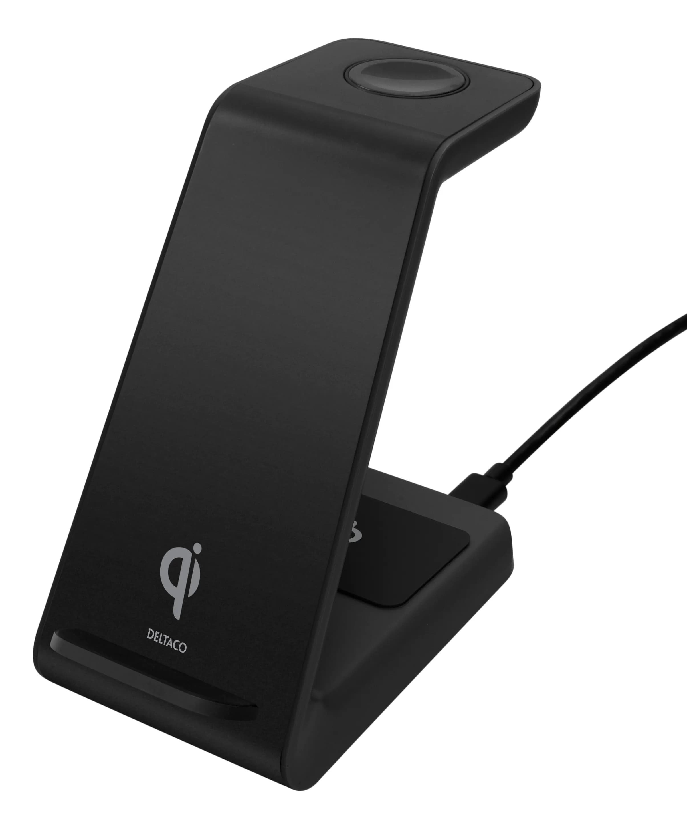 DELTACO 3-in-1 wireless charger stand, 10 W, 5 W, 3 W, black