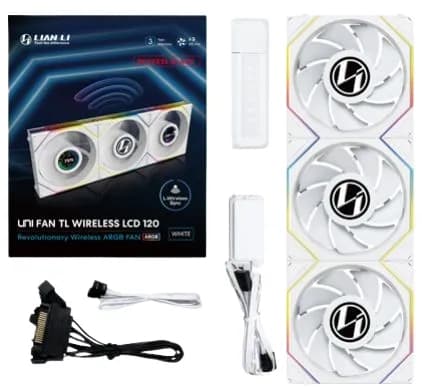 Lian Li UNI FAN TL Wireless LCD Reverse Blade, 120 mm, PWM, nestelaakeri, ARGB -tuuletinsarja, 3 kpl, valkoinen