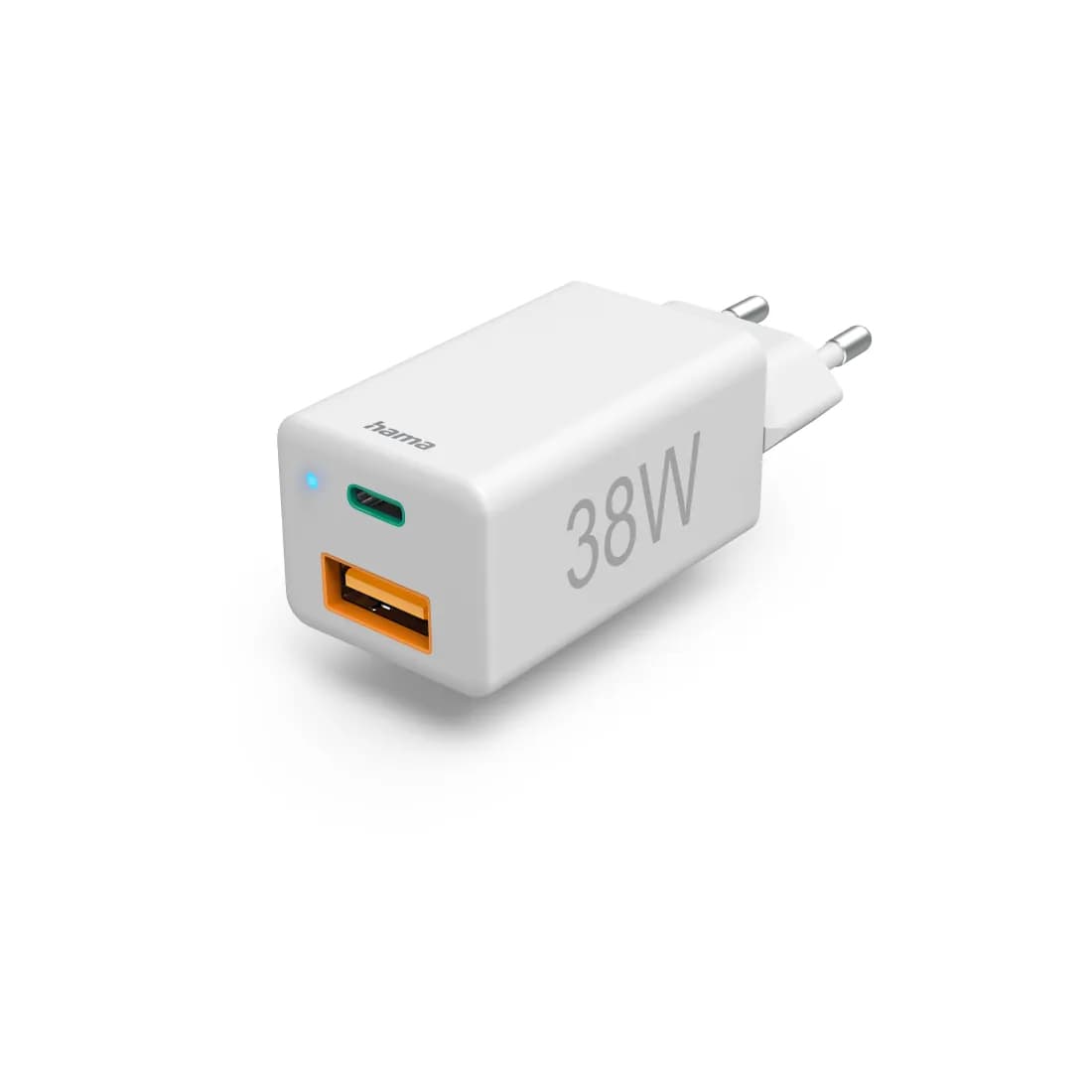 Hama Quick Charger, 1x USB-C PD, 1x USB-A QC, Mini-Charger, 38 W, white
