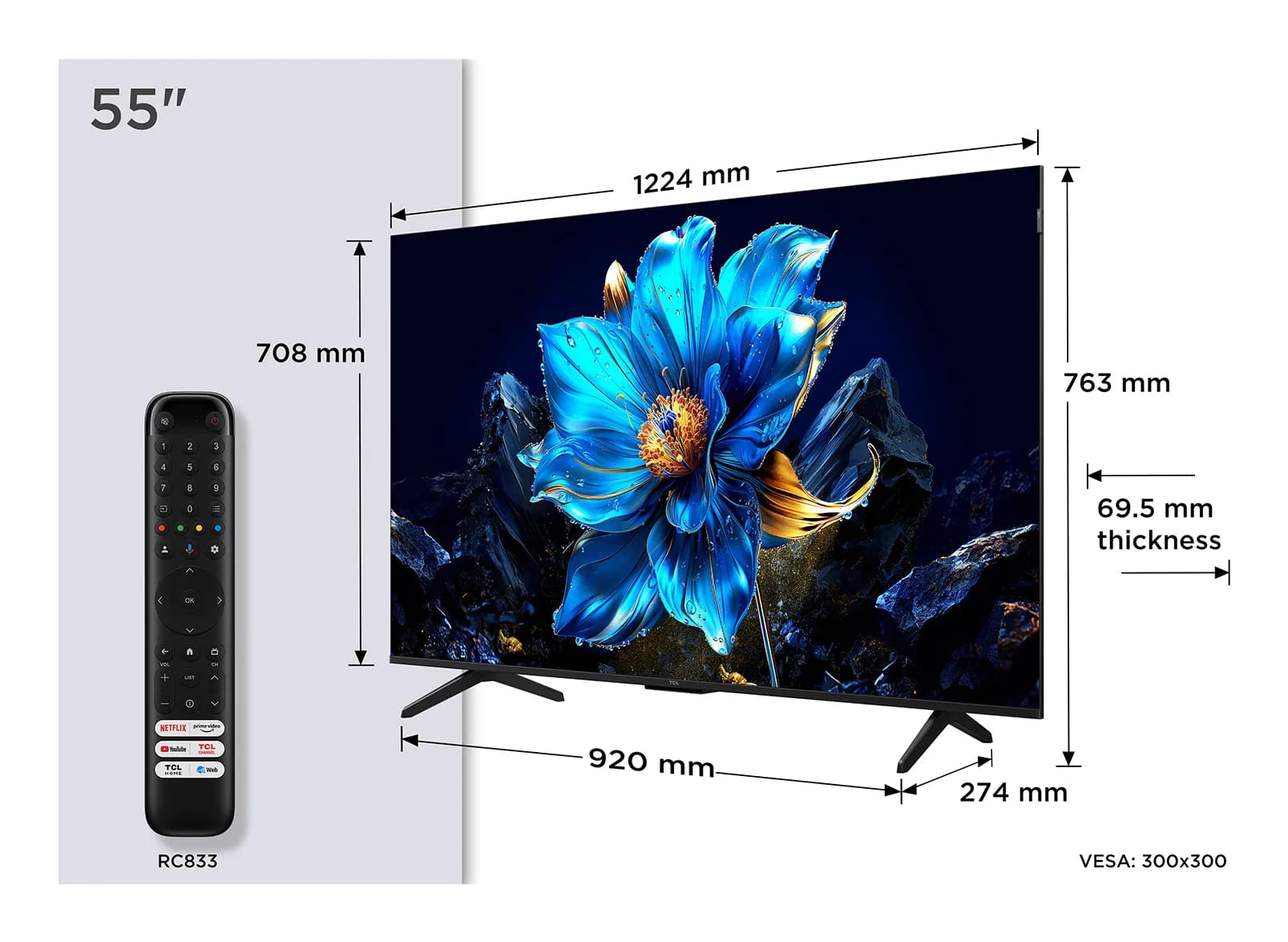 TCL P7K 55P7K 55" 4K QLED Google TV, 60 Hz, HDR10+, Dolby Vision, metallic