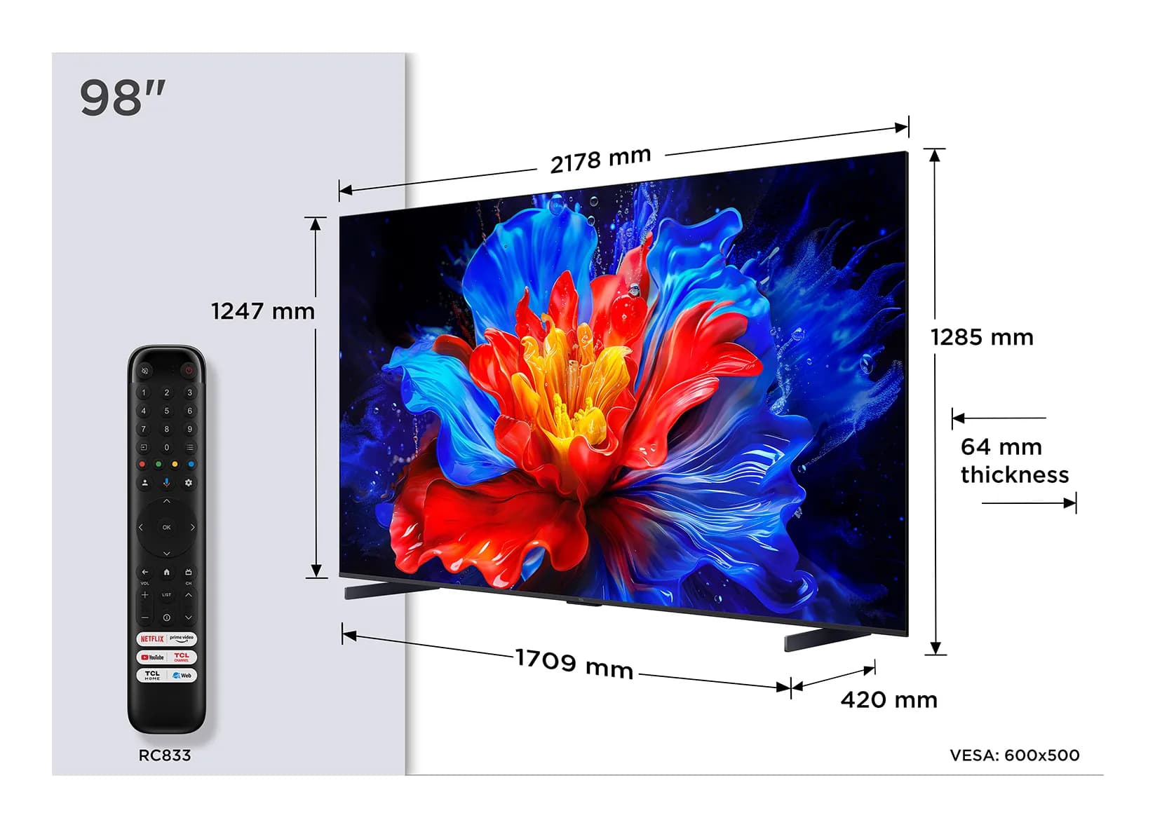 TCL 98P8K 98" 4K QLED Google TV, 144 Hz, Dolby Vision, HDR10+, metallic