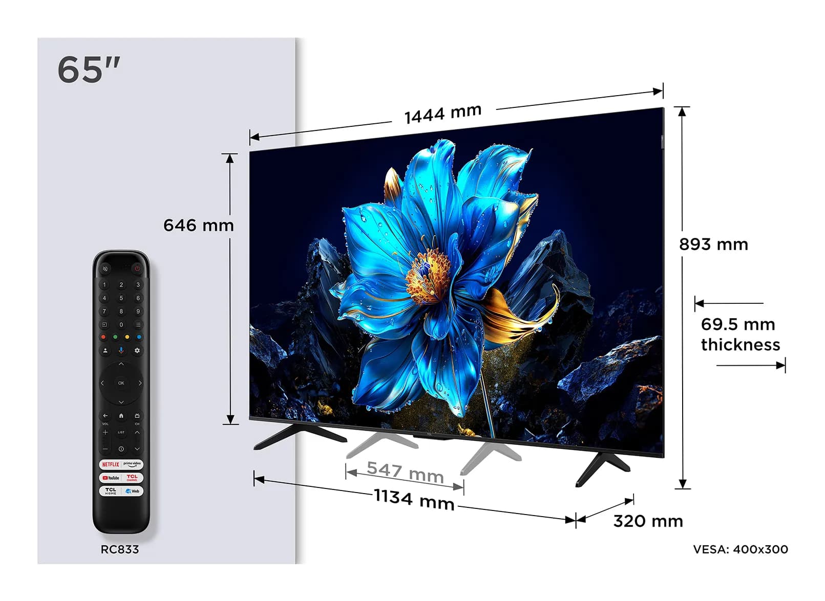 TCL P79K 65" 4K QLED Google TV, 60 Hz, HDR10+, metallic