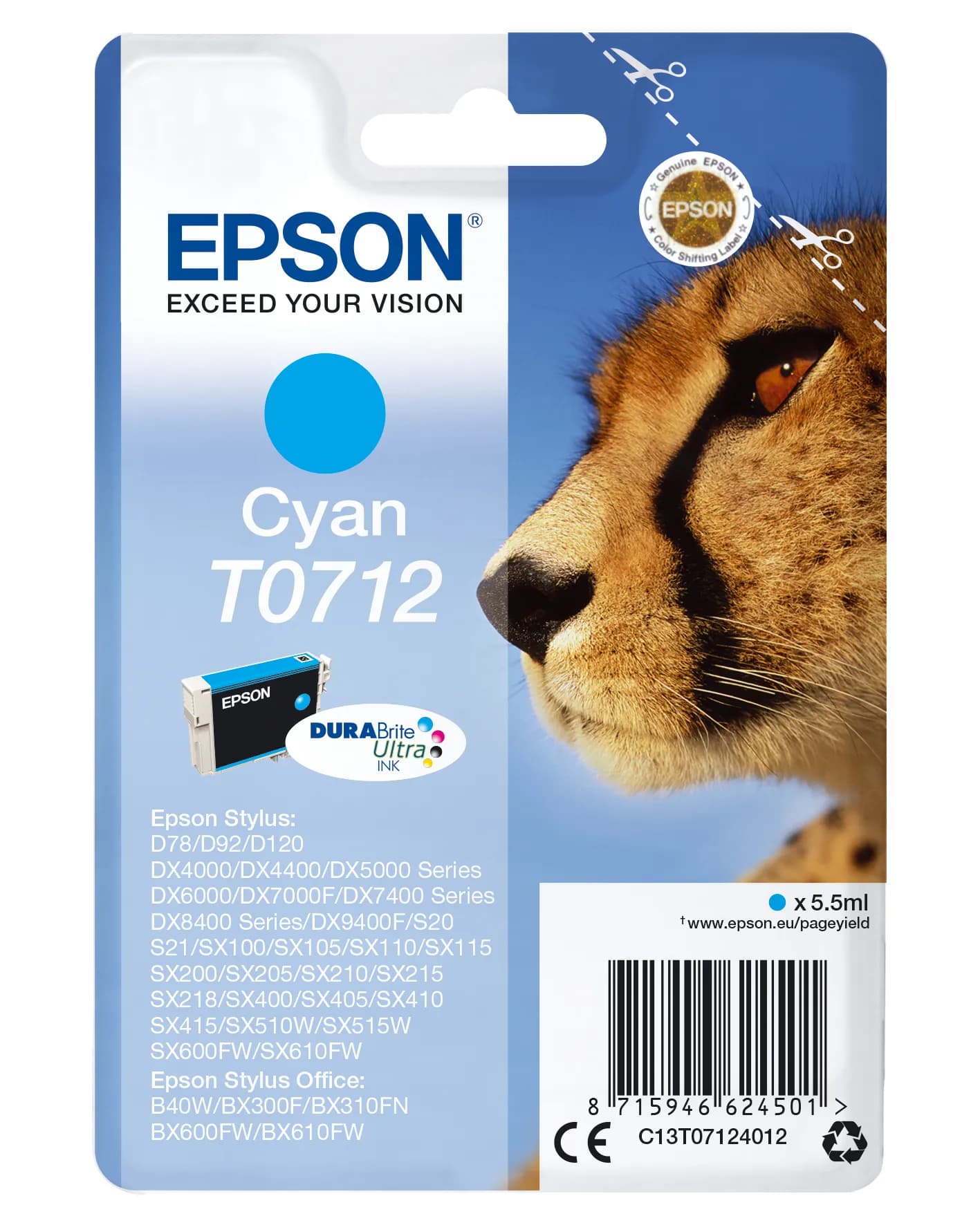 EPSON T0712-mustekasetti, 5.5 ml, cyaani
