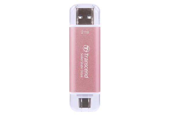 Transcend ESD310P 2 Tt USB-C/USB-A -ulkoinen SSD, kannettava, laitteistosalaus, salasanasuojaus, pelikäyttöön, vaaleanpunainen
