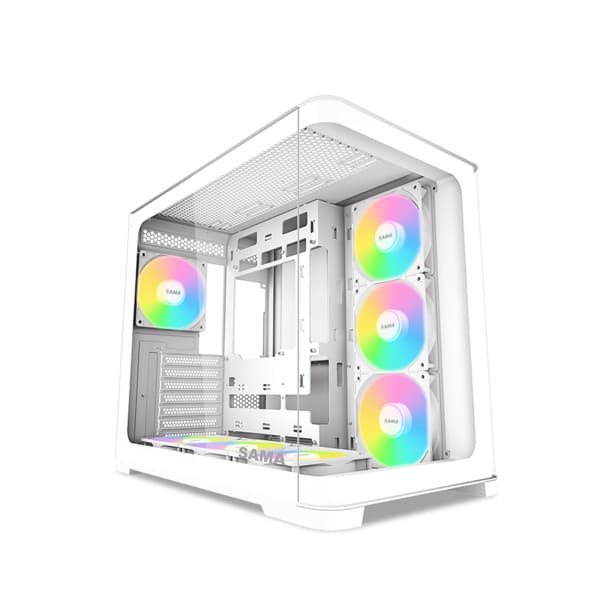 SAMA V60 -miditornikotelo ikkunalla ja RGB-valaistuksella, valkoinen