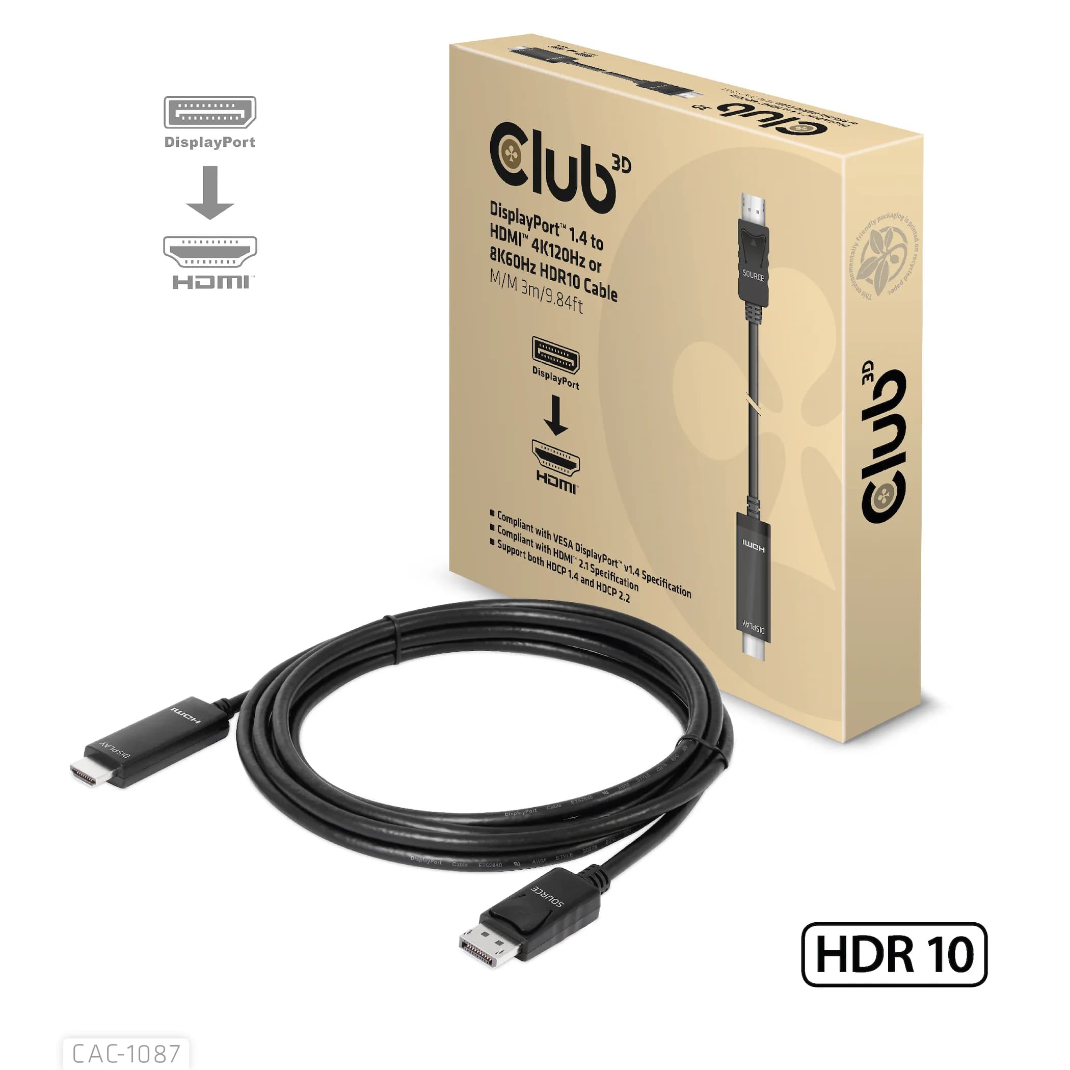 Club 3D CAC-1087 DisplayPort – HDMI -adapterikaapeli, jossa 8K, 3 m, musta