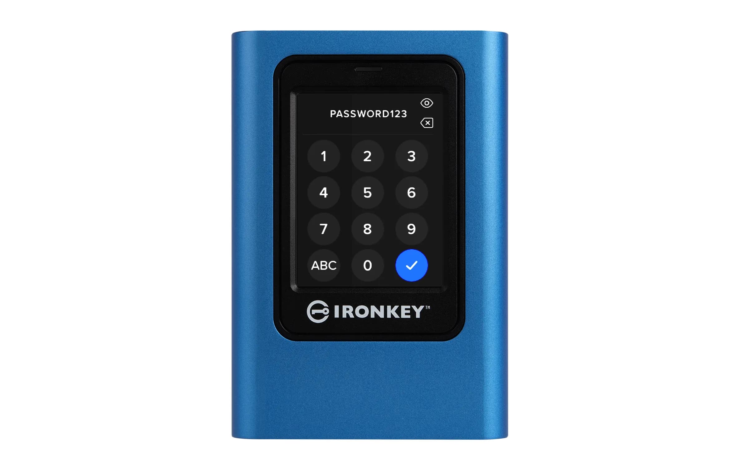Kingston IronKey Vault Privacy 80 3,84 Tt USB 3.2 Gen 1 (USB-C) -ulkoinen SSD, laitteistosalaus, salasanasuojaus, sininen
