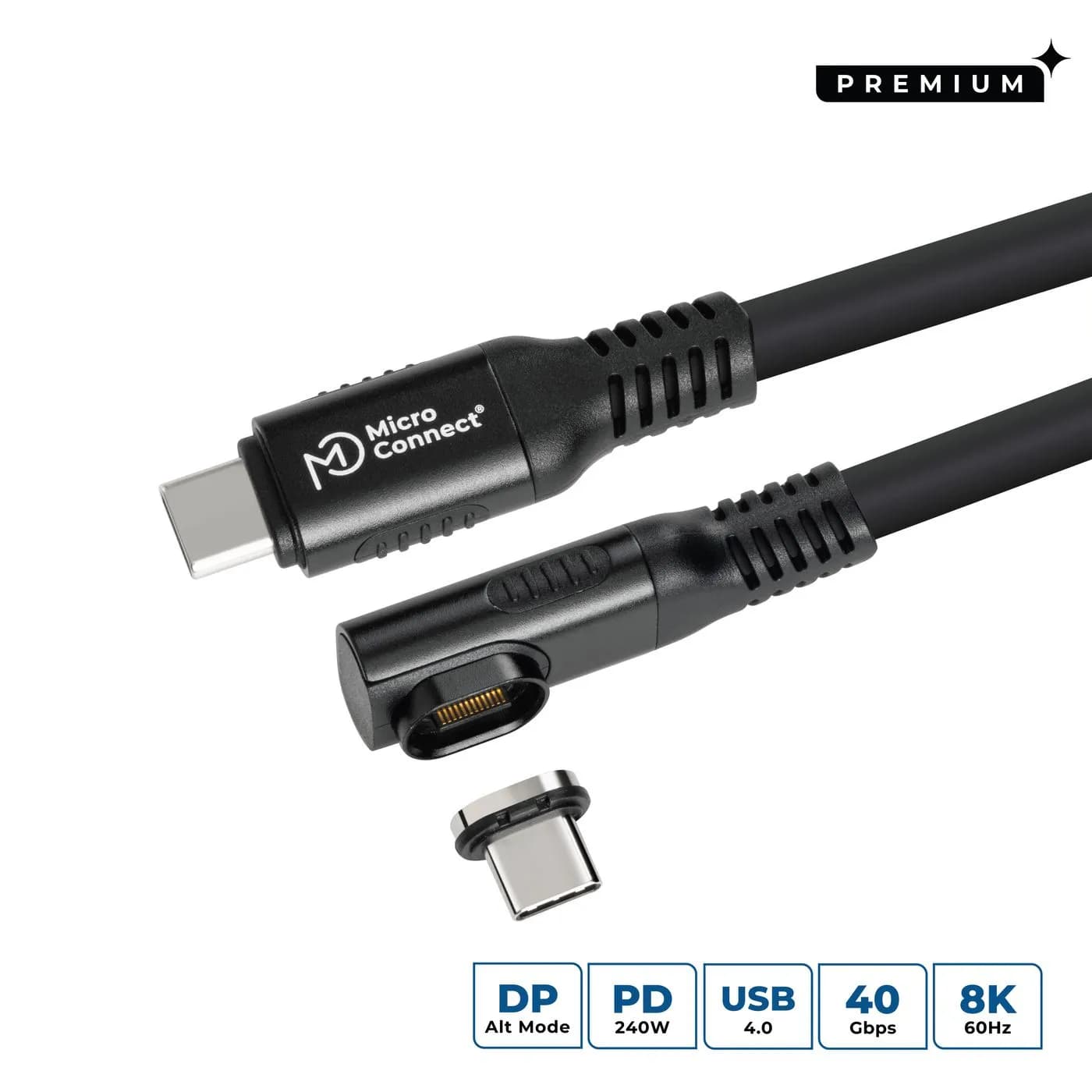 MicroConnect USB4 kulma magneettinen silikoni USB-C -kaapeli, 240 W, 0,5 m, musta