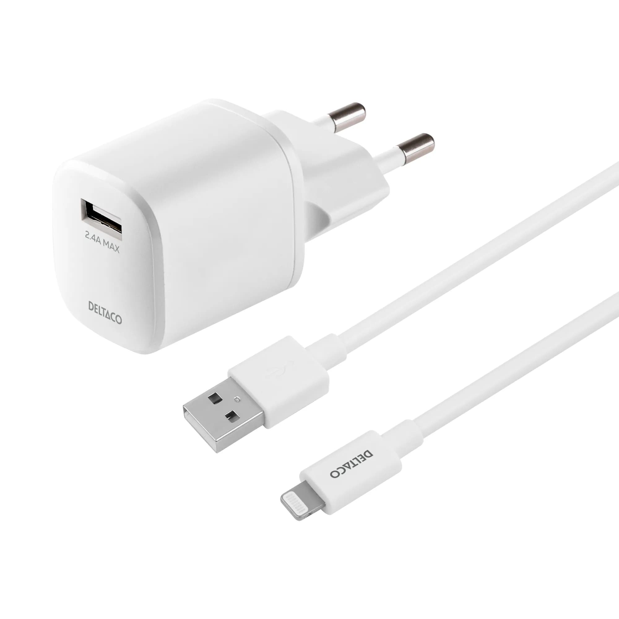 DELTACO USB wall charger kit, USB-A, 2,4 A, 1 m USB-A to Lightning