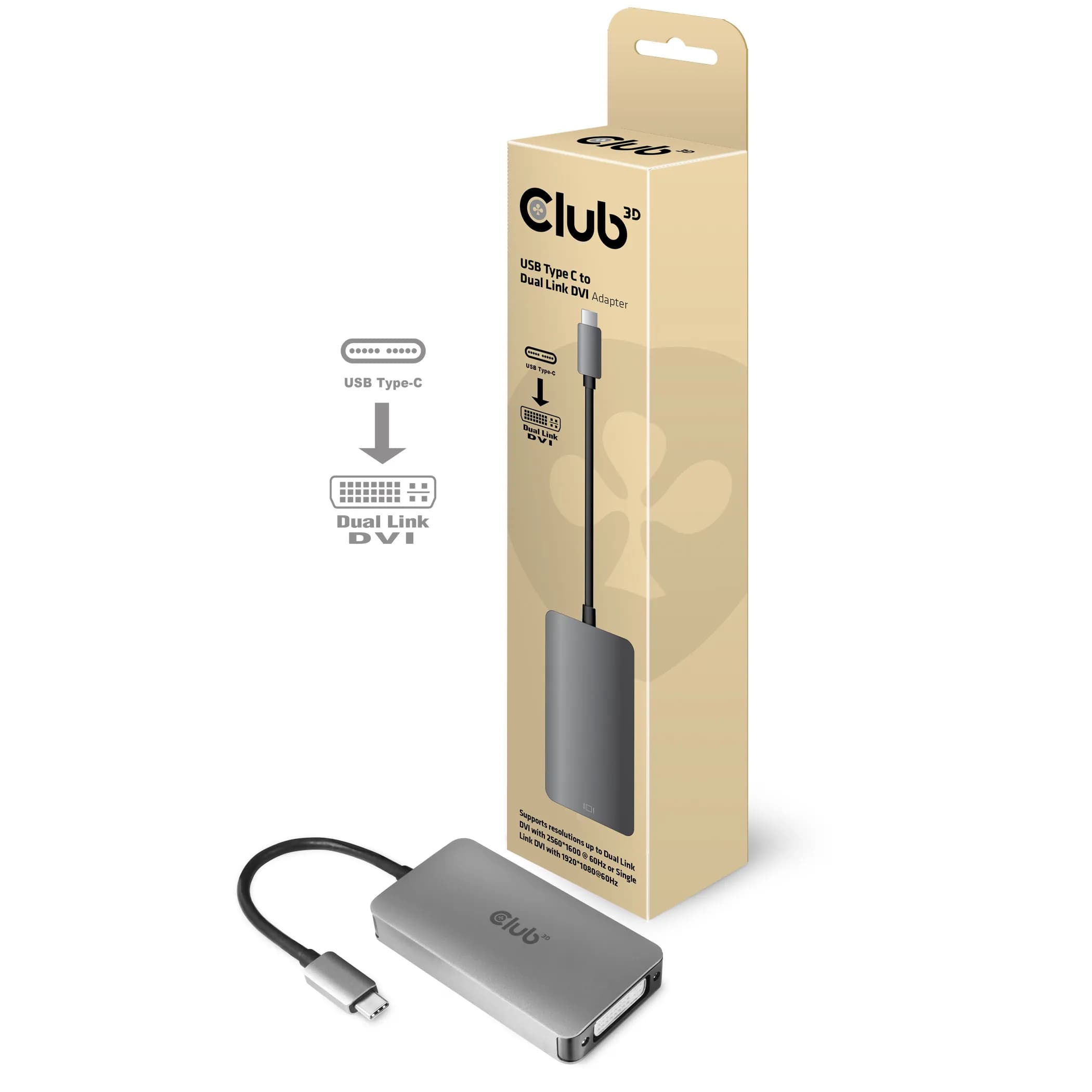 Club 3D 3.2 Gen1 USB-C - Dual Link DVI-D -sovitin, Harmaa