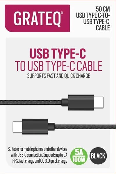 GRATEQ USB-C -kaapeli, 100 W, 0,5 m, musta