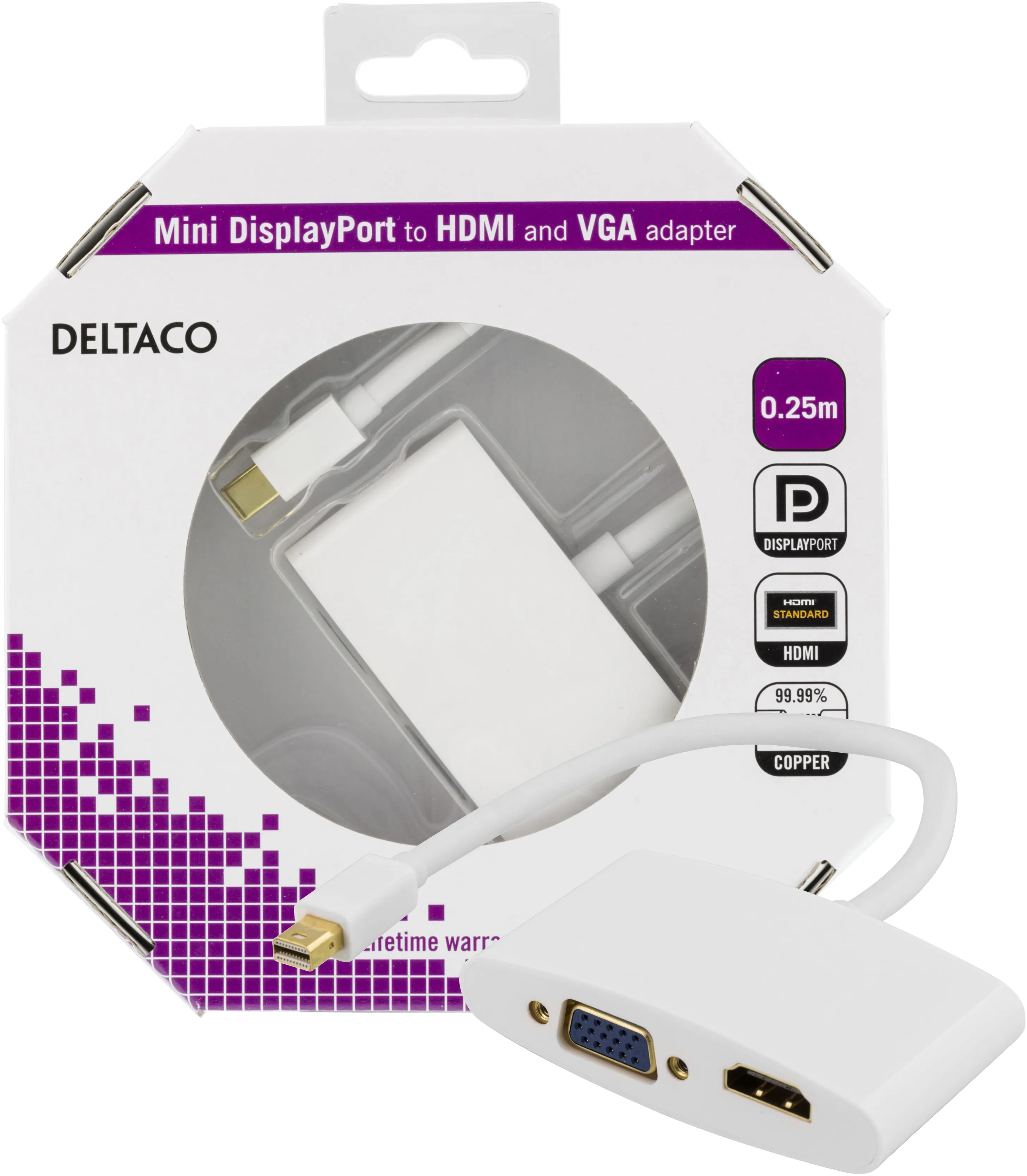 Deltaco  mini DisplayPort – HDMI +VGA -adapteri, Valkoinen