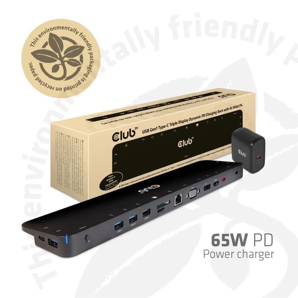 Club 3D 3.2 Gen1 USB-C 14-in-1 -telakka ja 65W virta -adapteri, Musta