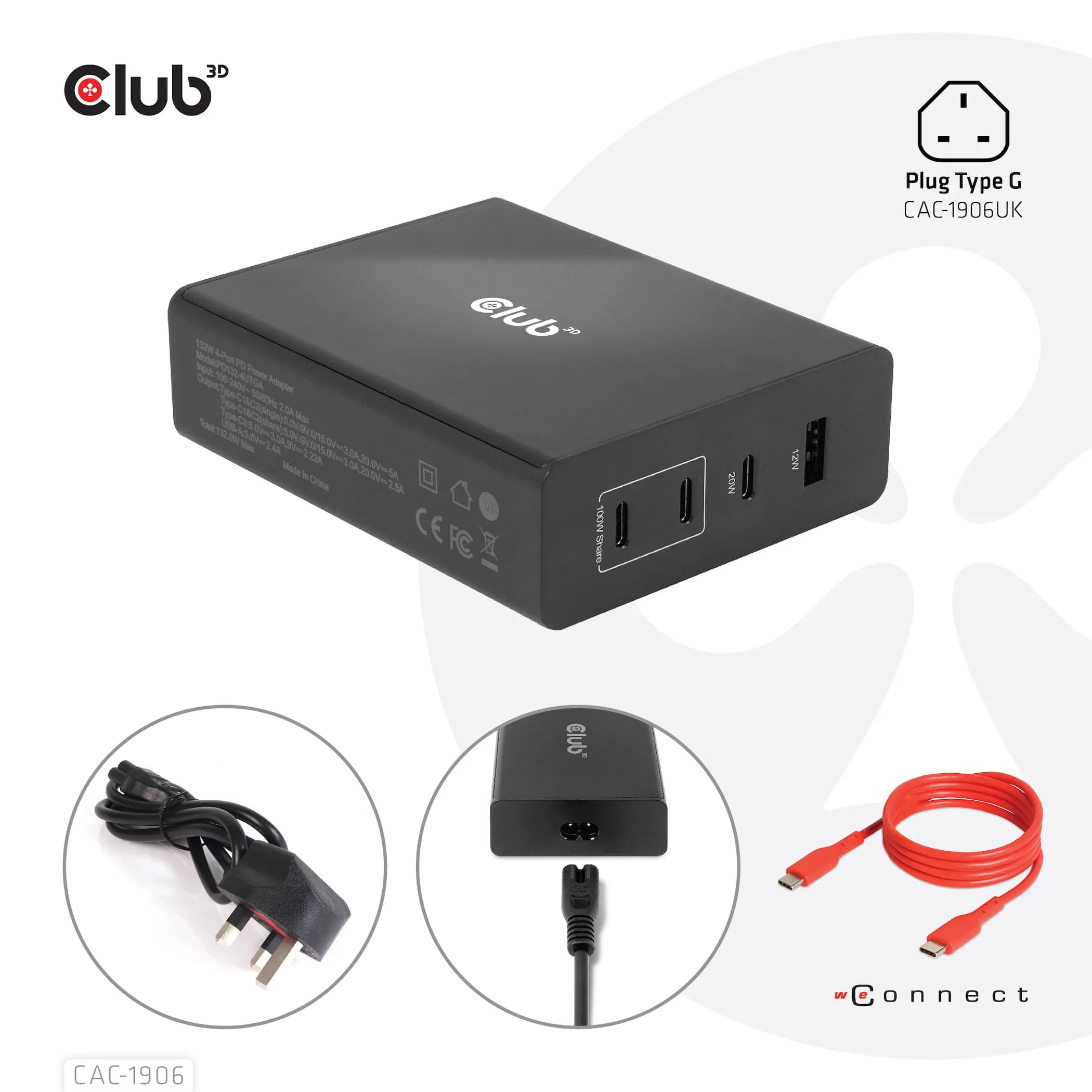 Club 3D 132W GaN, 3x USB-C + USB-A, PD3.0 -laturi, Musta