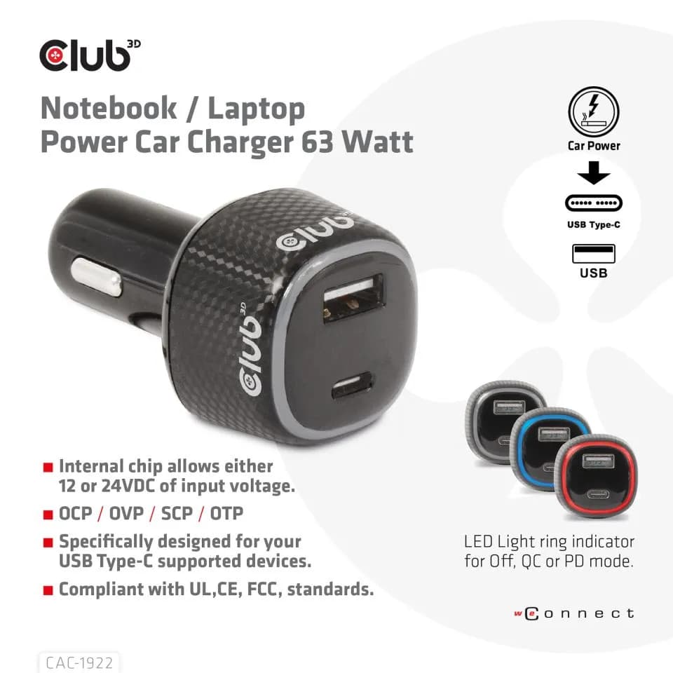 Club 3D 63W 1xUSB-A, 1xUSB-C -autolaturi, Musta