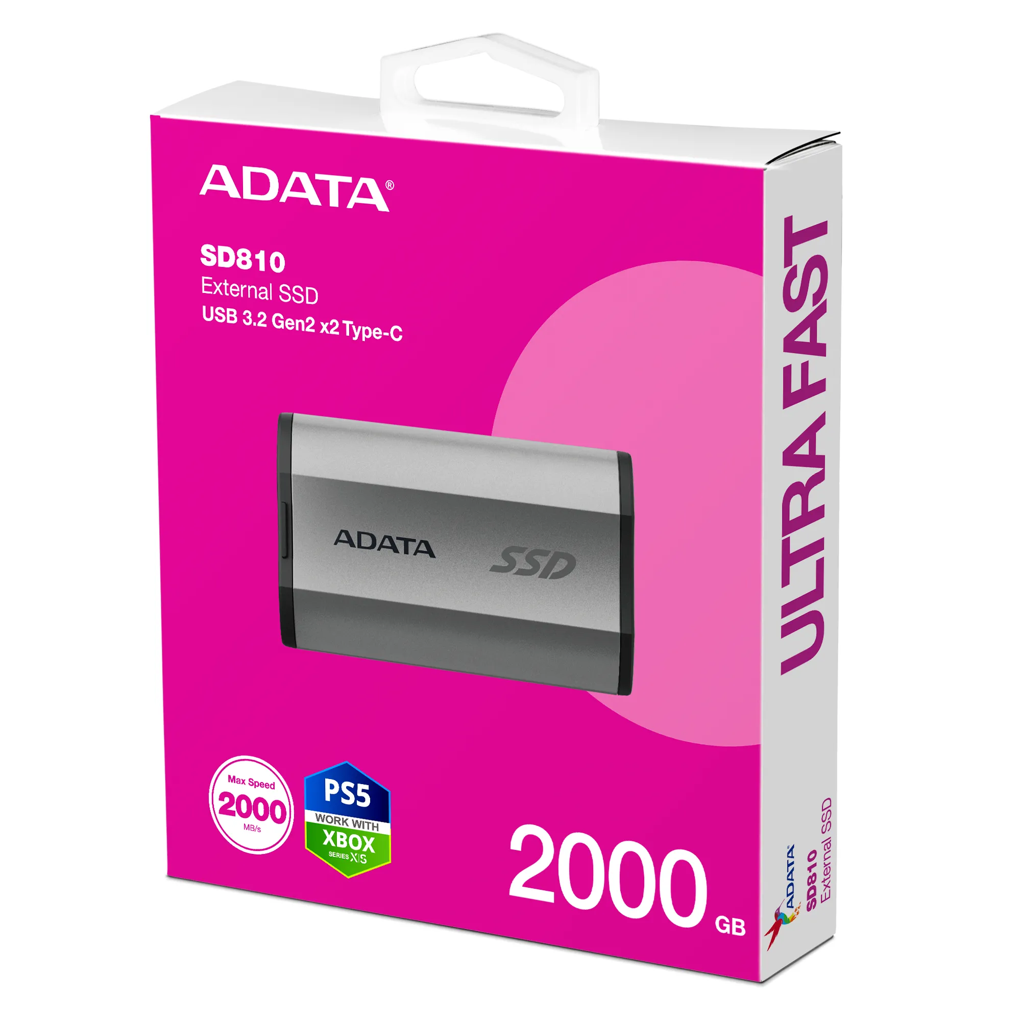 A-DATA SD810 2 Tt USB 3.2 Gen 2x2 (USB-C) -ulkoinen SSD, iskunkestävä, roiskesuojattu, pölynkestävä, pelikäyttöön, musta, hopea