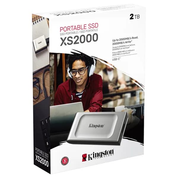 Kingston XS2000 2 Tt USB 3.2 Gen 2x2 (USB-C) -ulkoinen SSD, iskunkestävä, PS5-yhteensopiva, musta/hopea
