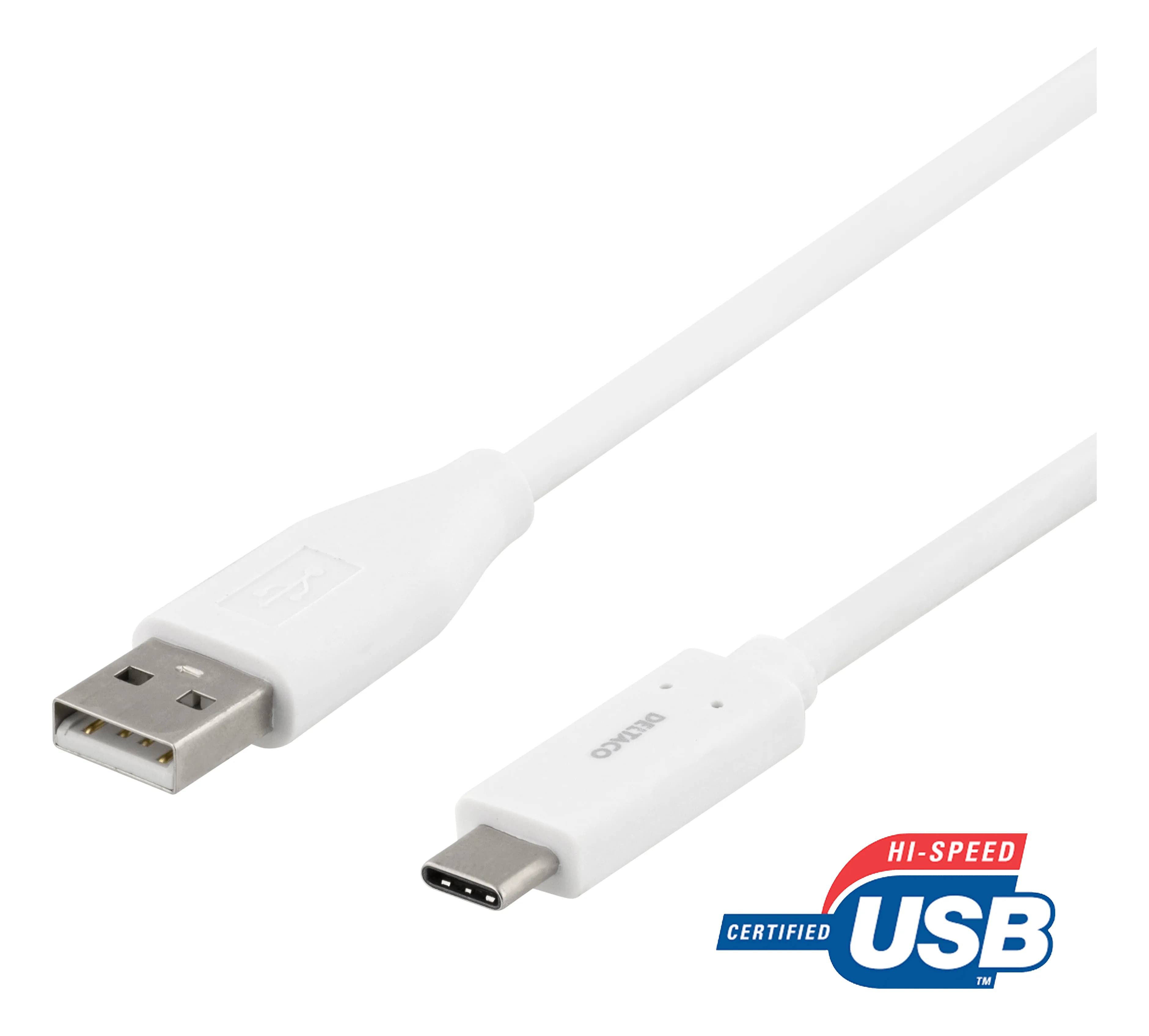 Deltaco USB-A – USB-C -kaapeli, 1 m, valkoinen