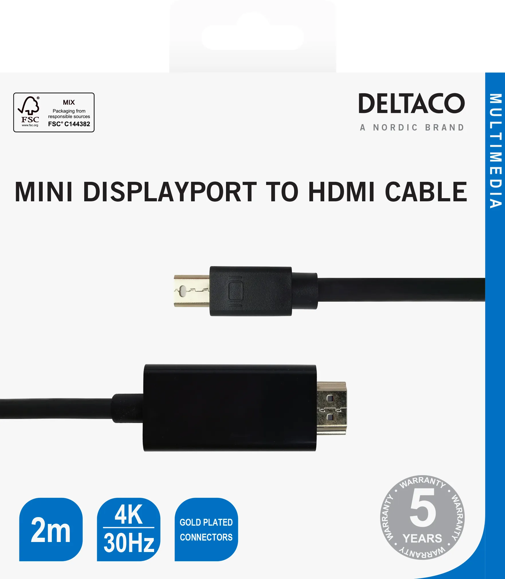 Deltaco Mini DisplayPort – HDMI -kaapeli, 2 m, musta