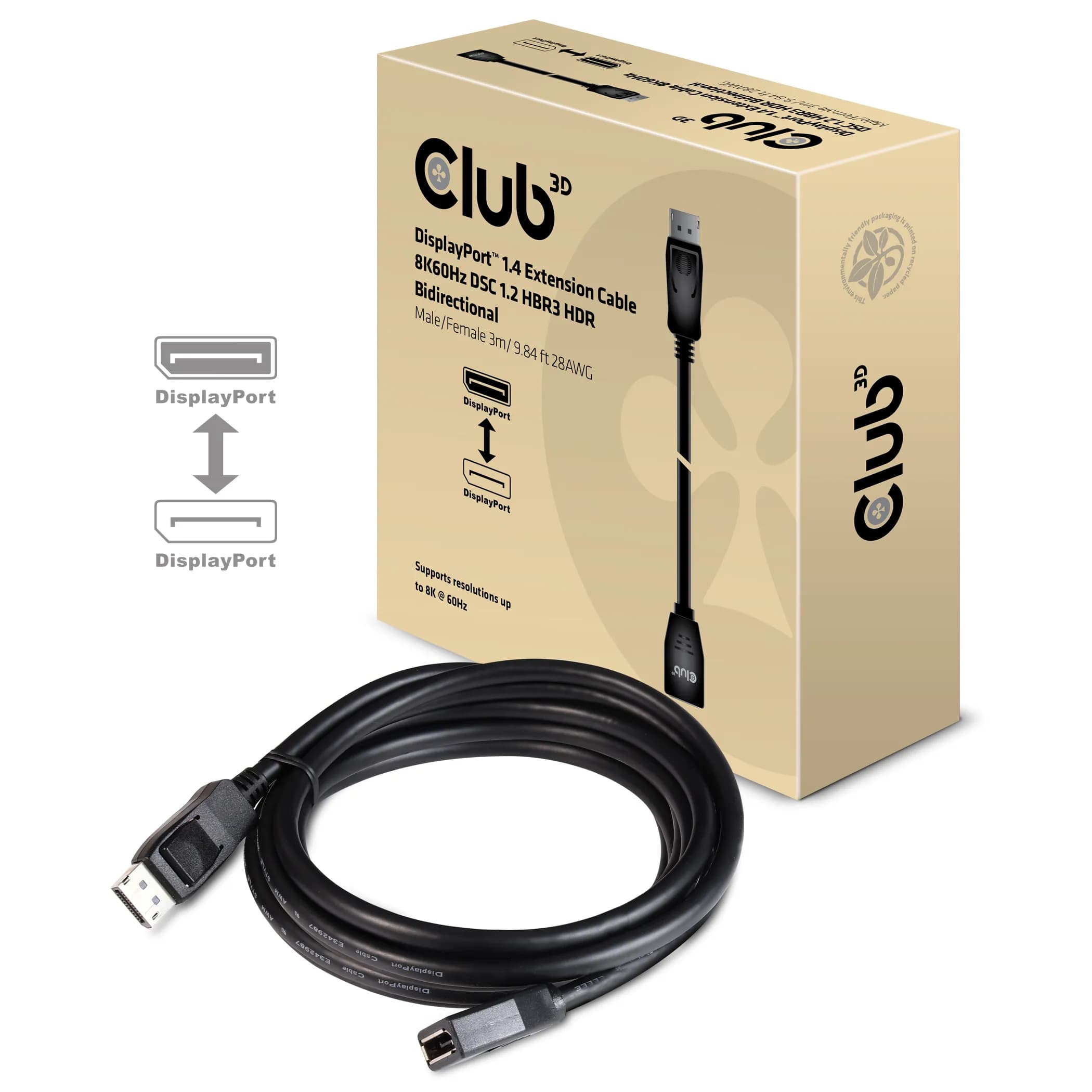 Club 3D DisplayPort 1.4 -jatkokaapeli, jossa 8K, 3 m, musta