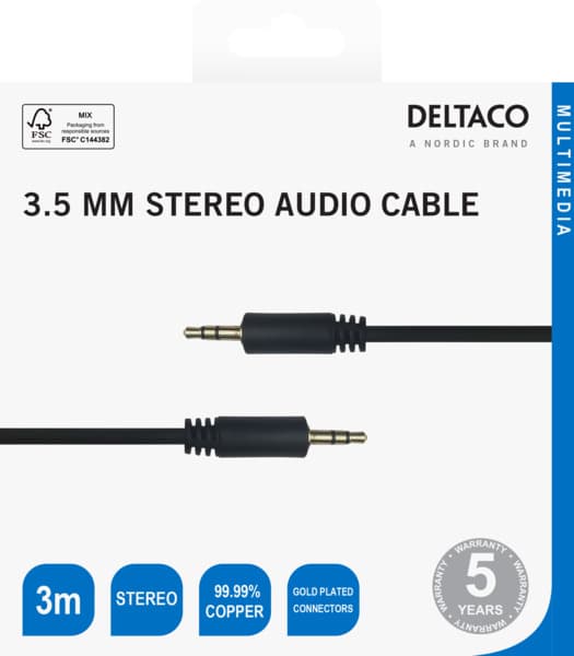 Deltaco 3,5 mm kullattu -audiokaapeli, 3 m, musta