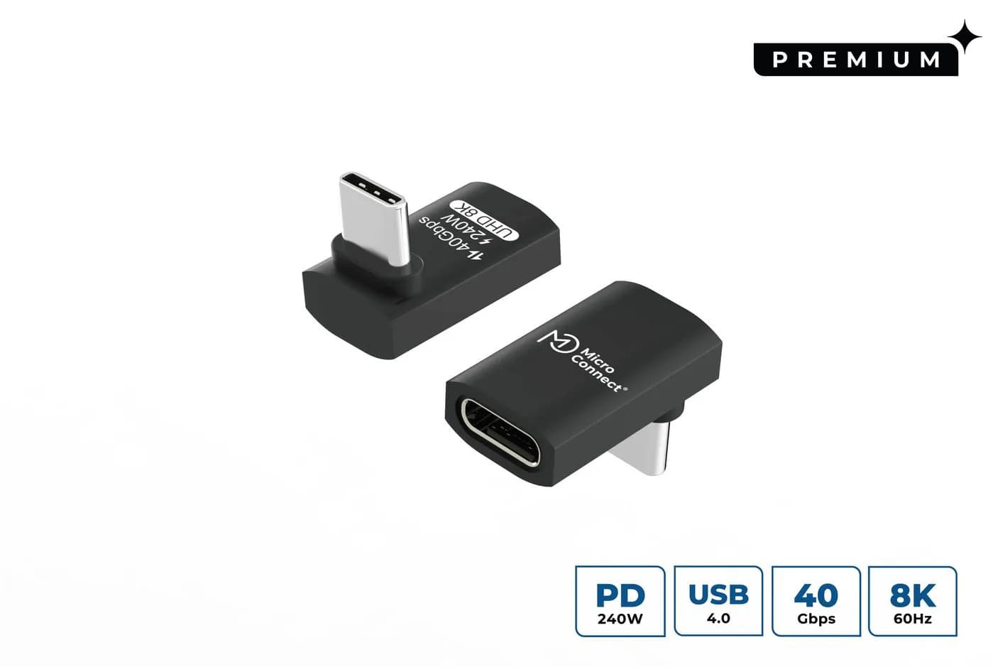 MicroConnect Premium USB4 Gen 3x2 USB-C 90° -adapteri, 240 W, musta