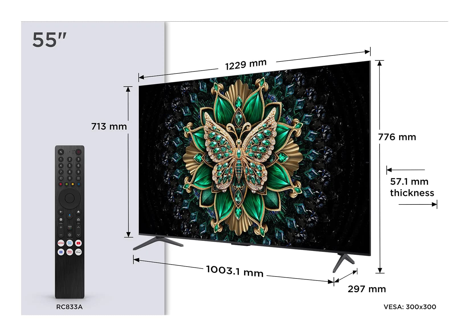 TCL 55C6K 55" 4K QD-Mini LED Google TV, 144 Hz, Dolby Vision, HDR10+, metallic