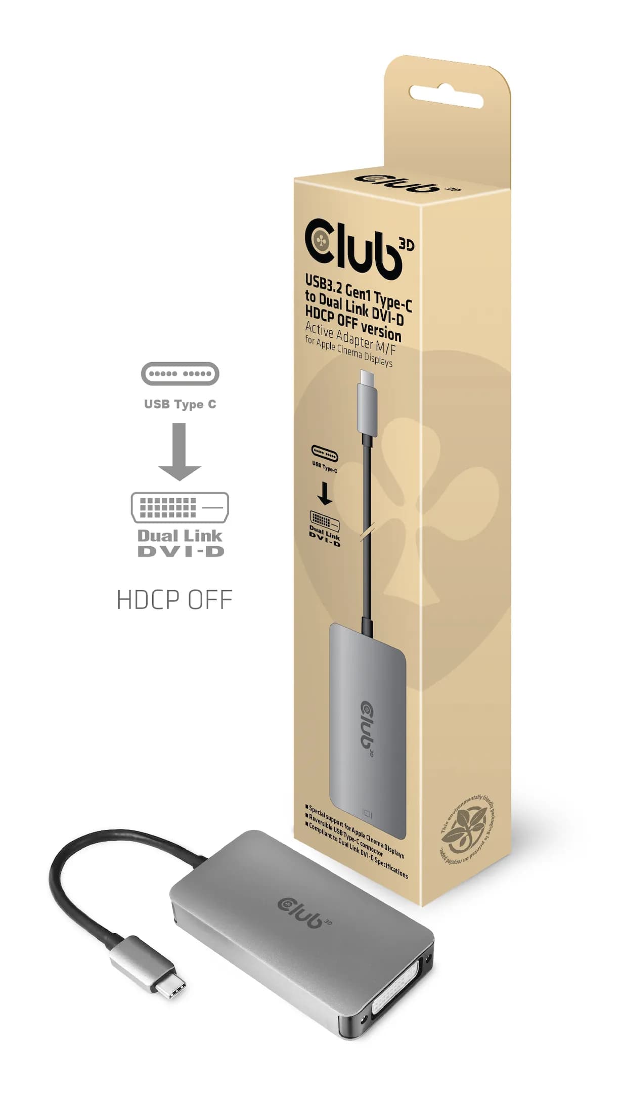 Club 3D 3.2 Gen1 USB-C - Dual Link DVI-D HDCP OFF version, aktiivinen -sovitin, Harmaa