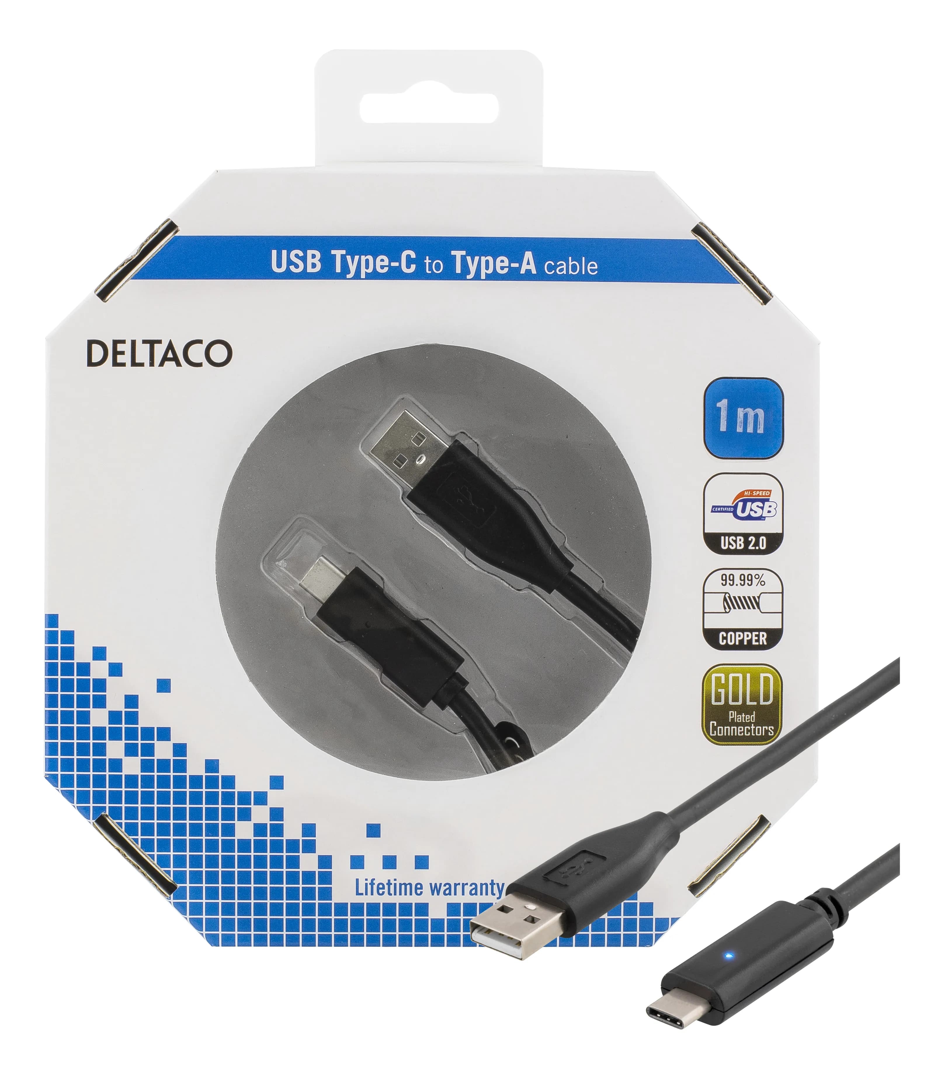 Deltaco USB-C – USB-A -kaapeli, 1 m, musta