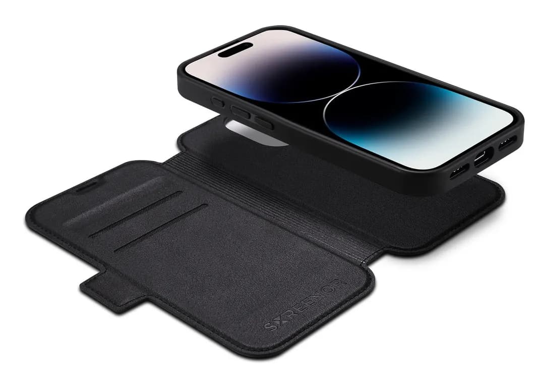 Screenor First 2-in-1 MagSafe -lompakkokotelo, iPhone 16 Pro, Musta