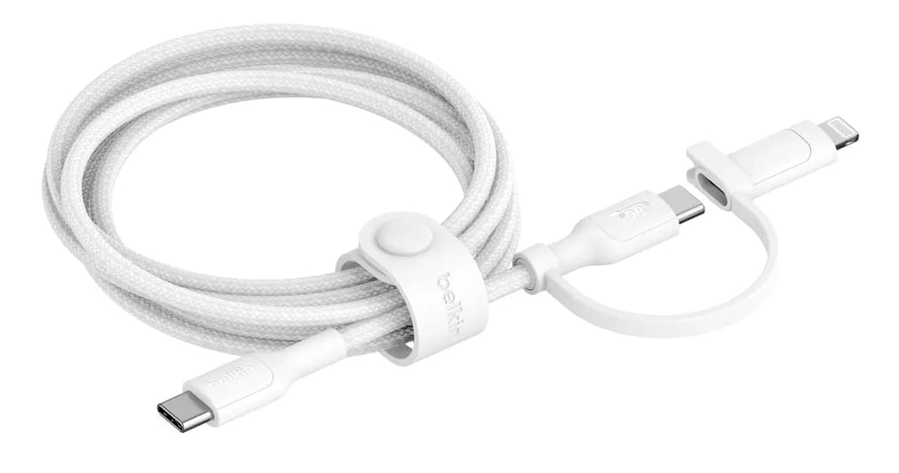 Belkin BoostCharge Pro 2-in-1 USB-C ja Lightning -kaapeli, 1,5 m, valkoinen