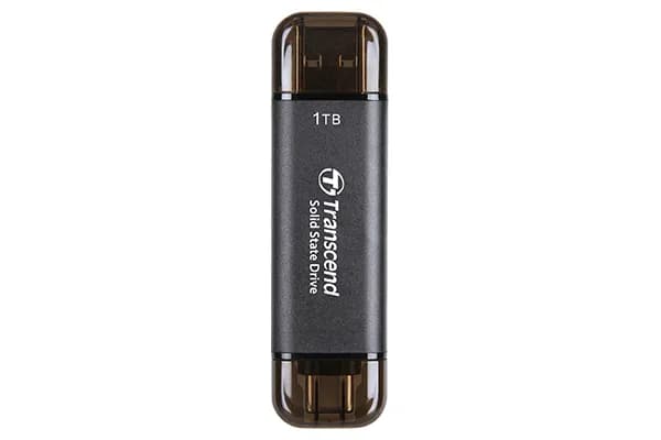 Transcend ESD310C 1 Tt USB 3.2 Gen 2x2 (USB-C/USB-A) -ulkoinen SSD, laitteistosalaus, salasanasuojaus, pelikäyttöön, musta