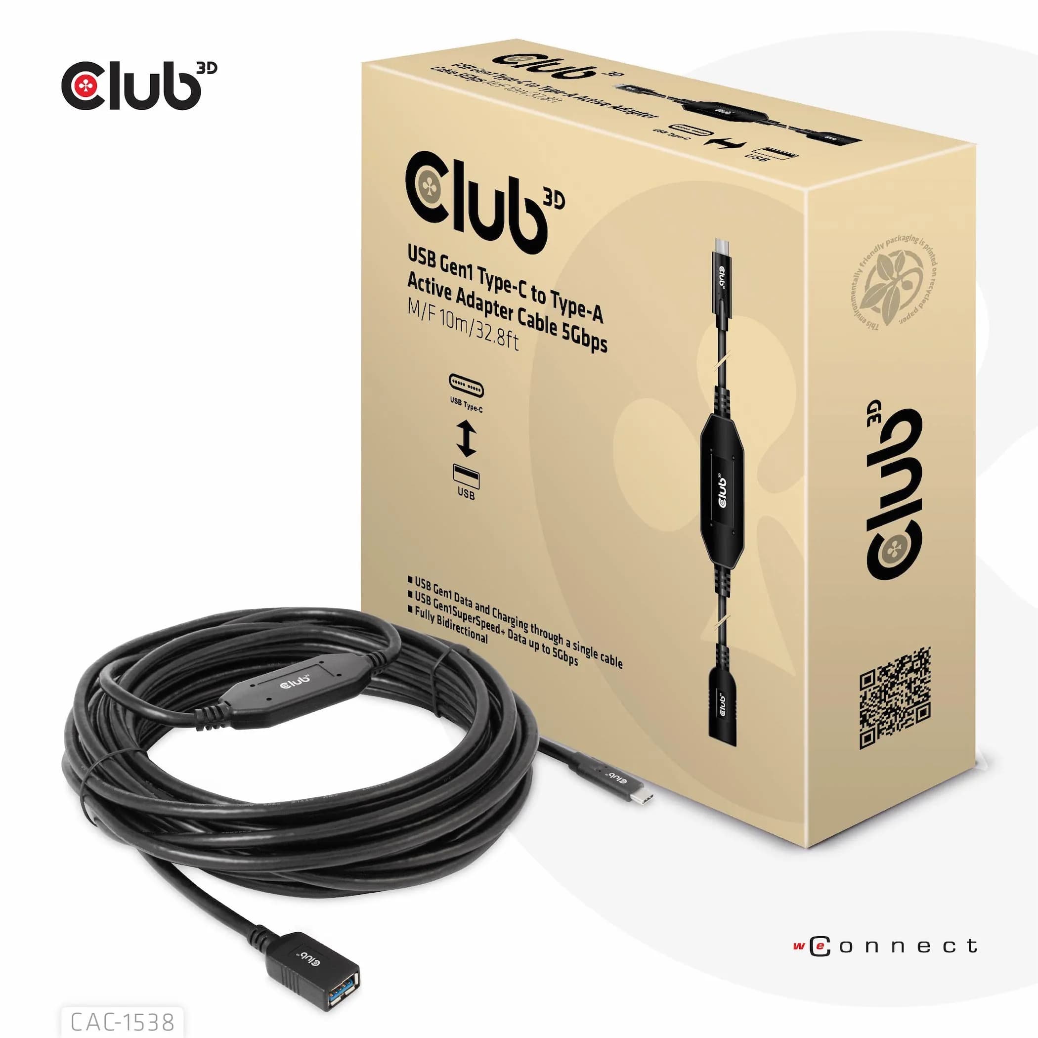 Club 3D CAC-1538 USB-C – USB-A -aktiivijatkokaapeli, 10 m, musta