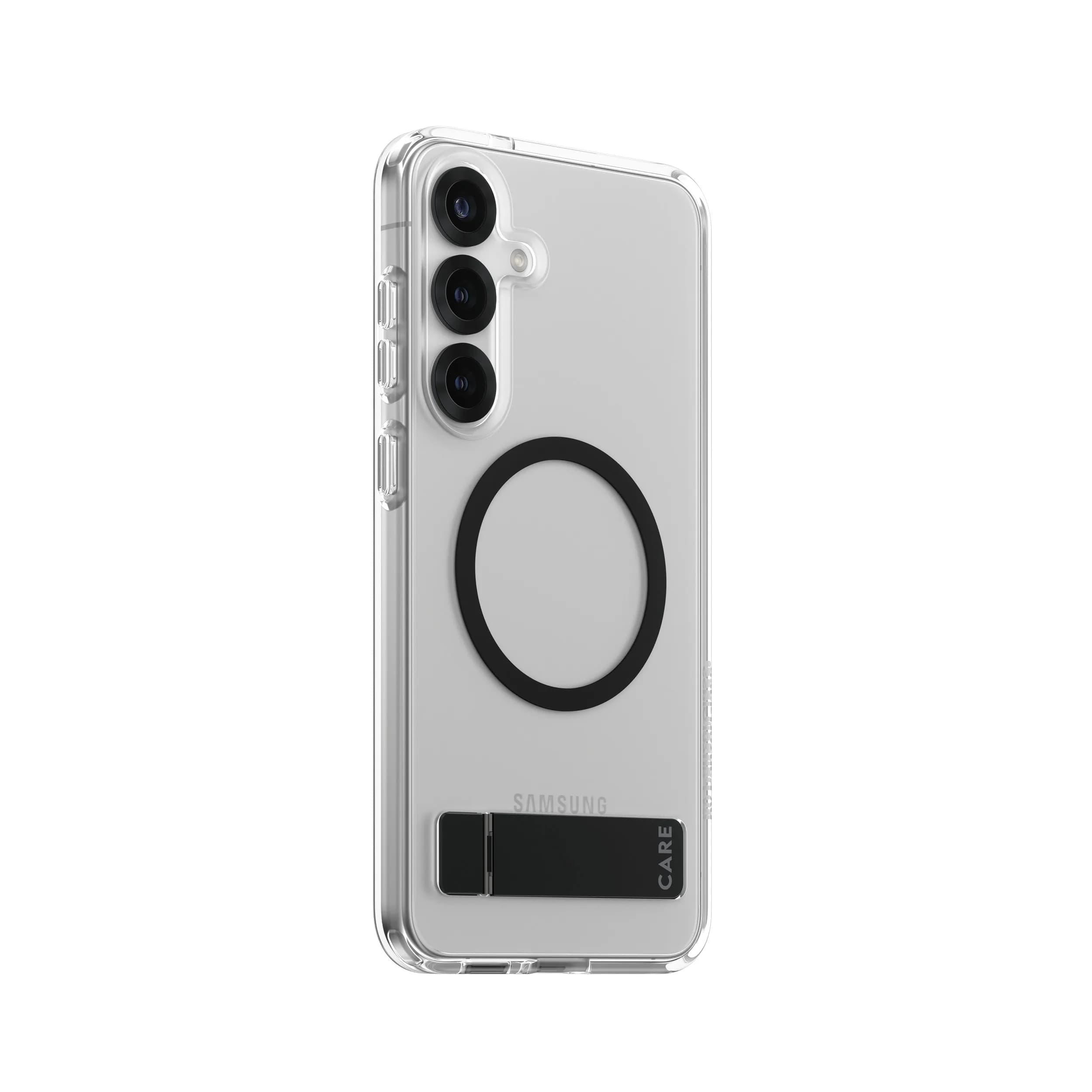 Care by PanzerGlass Galaxy S25+ Kickstand -suojakuori, Läpinäkyvä mustalla, Qi-yhteensopiva