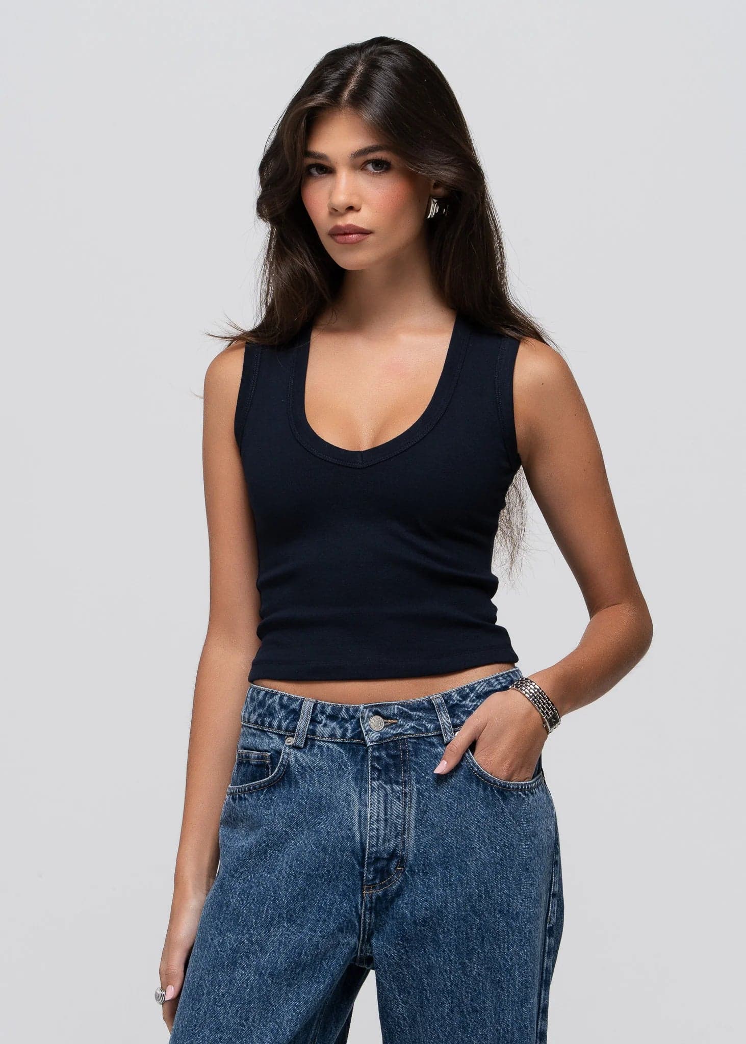 Fitted V-Neck Tank Top Navy Blue