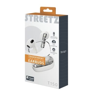 Streetz Streetz T150, osittain läpinäkyvät TWS-kuulokkeet, valkoinen T150-WHT Vastaa: N/A