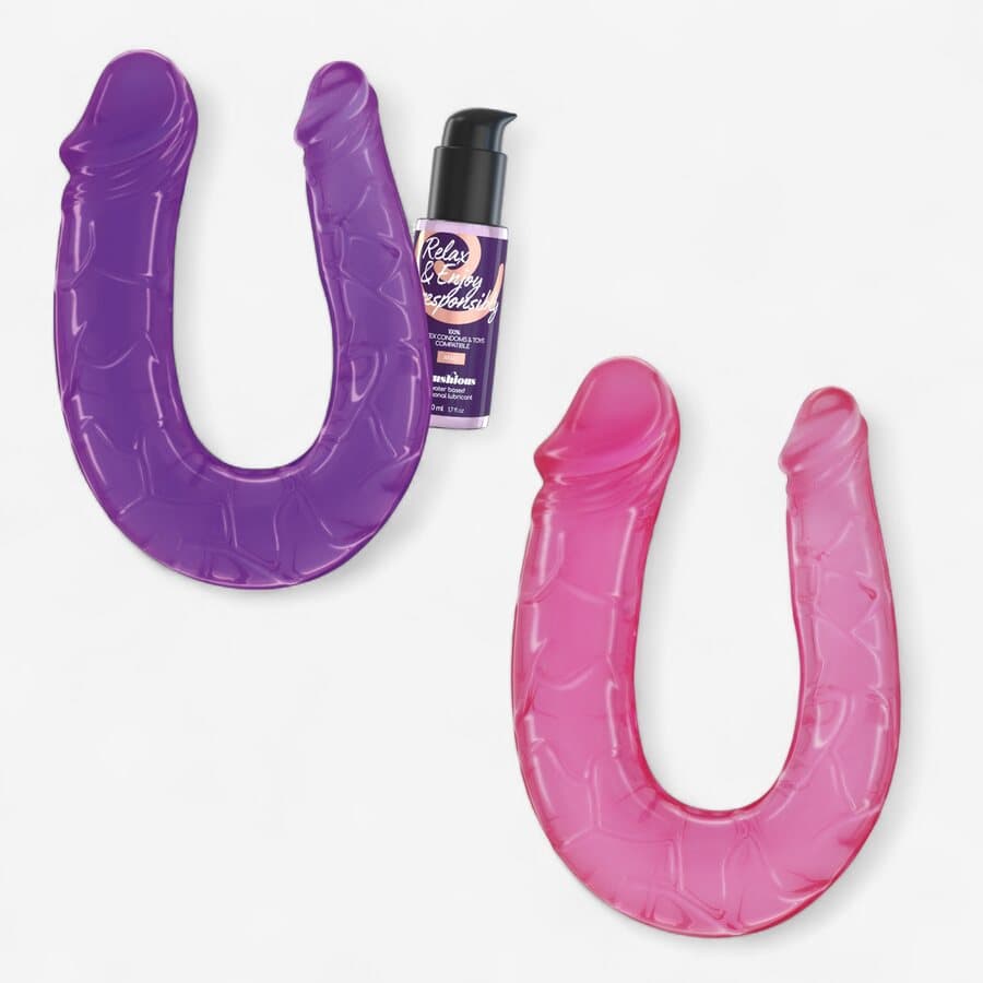 Crushious Deep Diver Duo – Tupladildo 27 cm + Anal-liukuvoide 50 ml (Pinkki/Violetti)