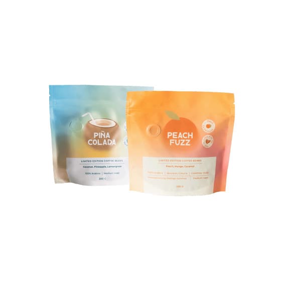 Tuplapakkaus hedelmien kanssa fermentoituja kahvipapuja Peach Fuzz &amp; Pina Colada, Limited edition, 2 x 200 g