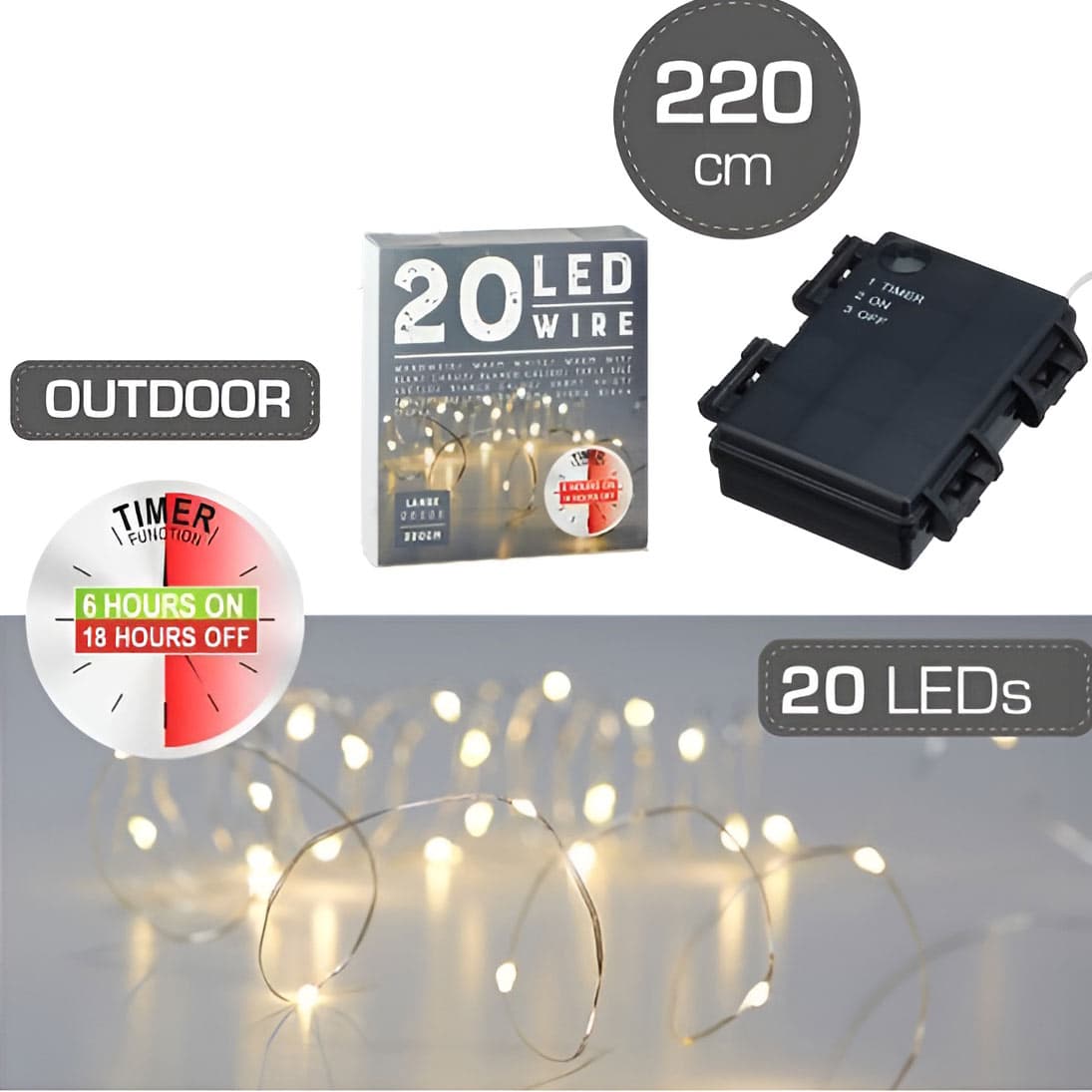 20 LED -valoketju, mikro, ajastimella, sisä/ulkokäyttöön, 220 cm