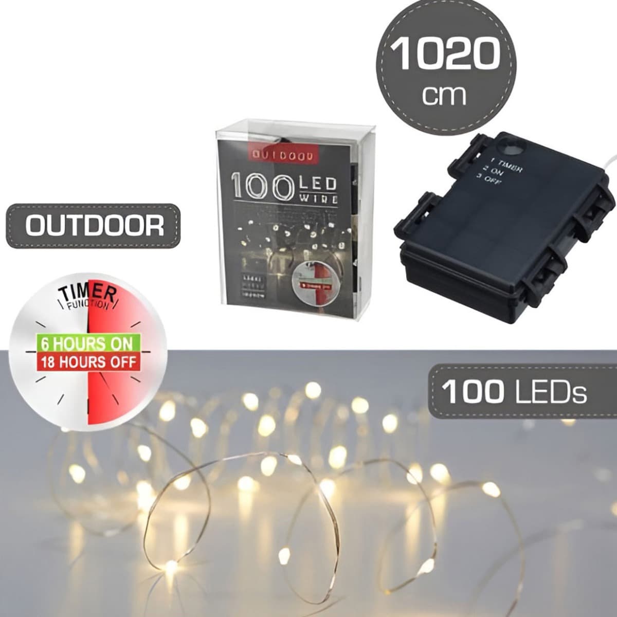 100 LED -valoketju, mikro, ajastimella, sisä/ulkokäyttöön, 1020cm