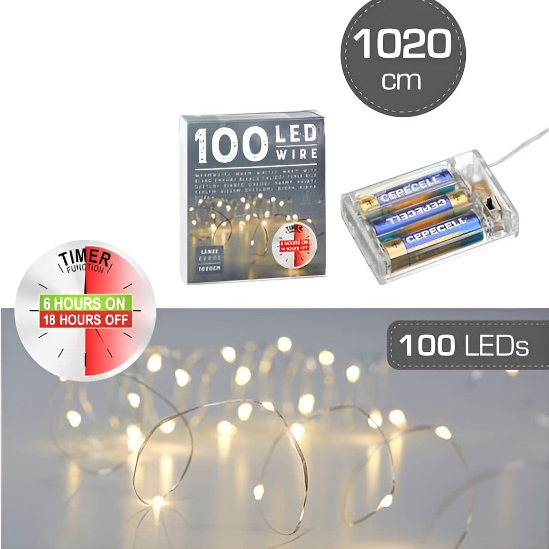 100 LED -valoketju, mikro, ajastimella, 1020 cm