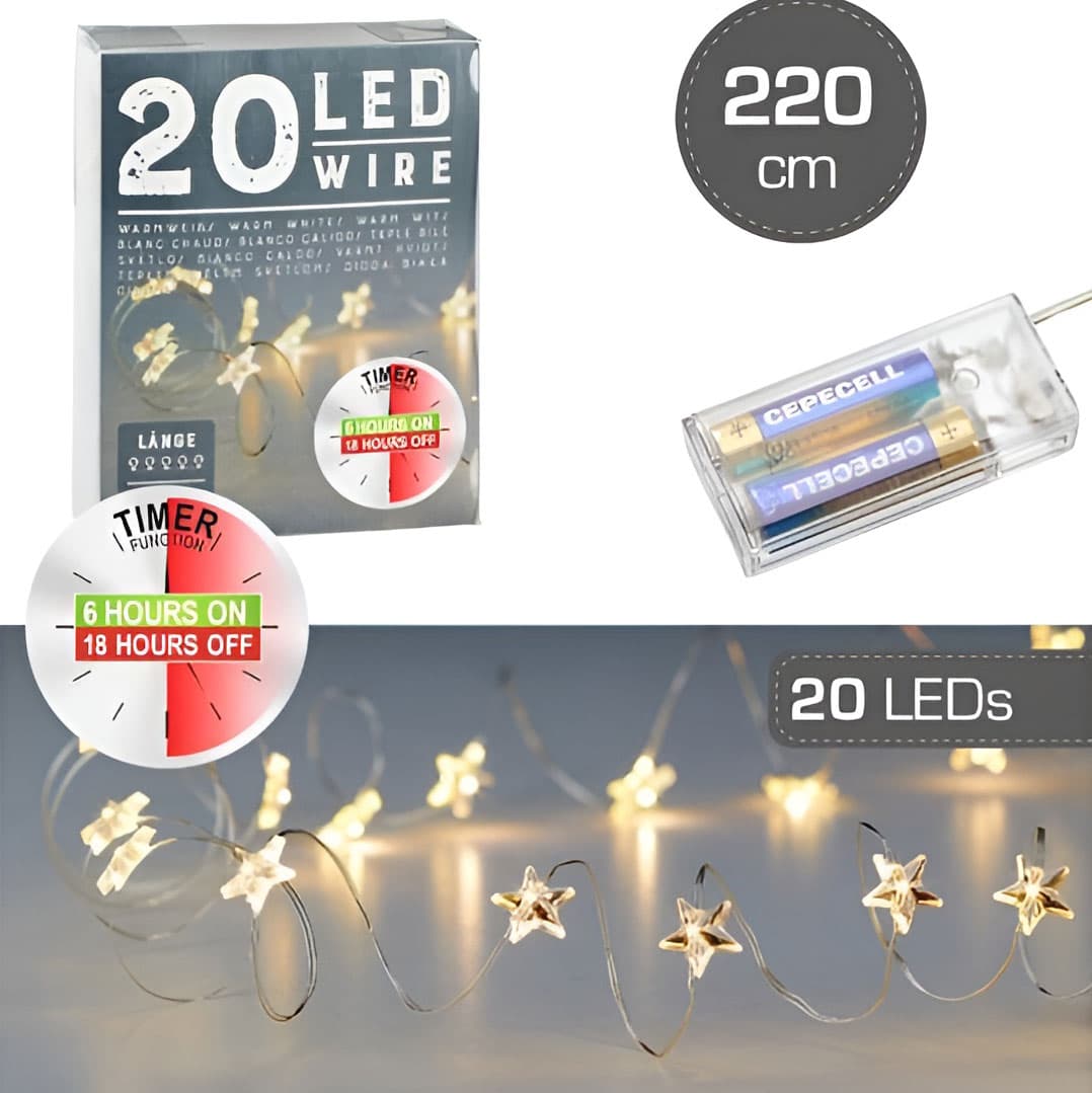 20 LED -valoketju - Tähdet, ajastimella, 220 cm