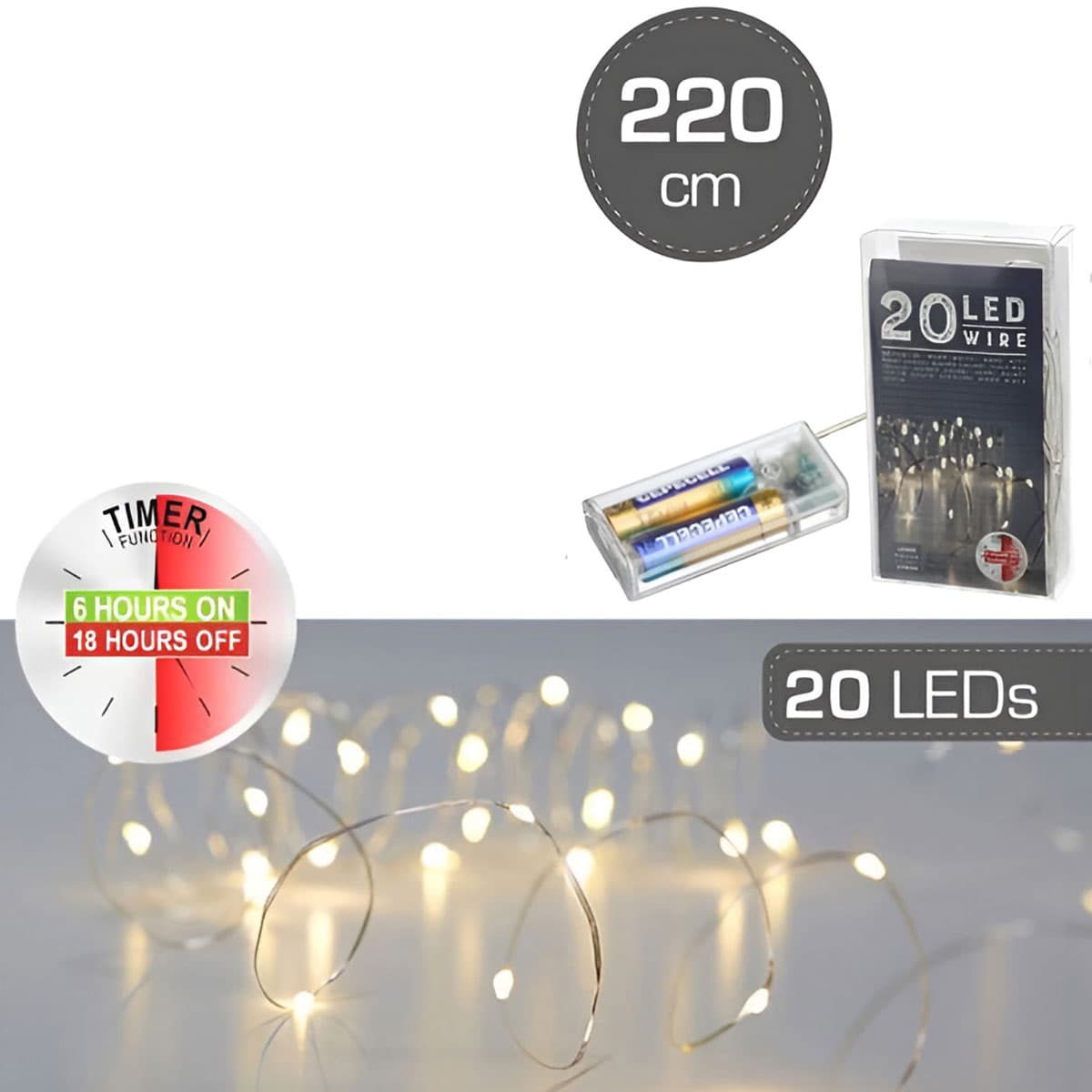 20 LED -valoketju, mikro, ajastimella, 220 cm