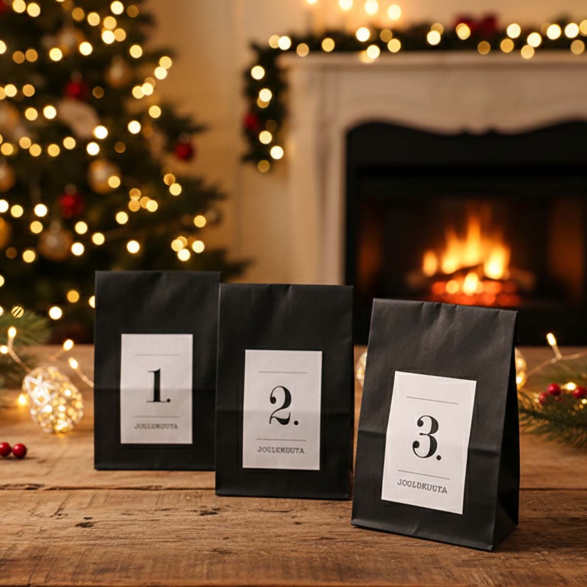 DIY Joulukalenteri – Mustat pussit ja numerotarrat, 24 kpl