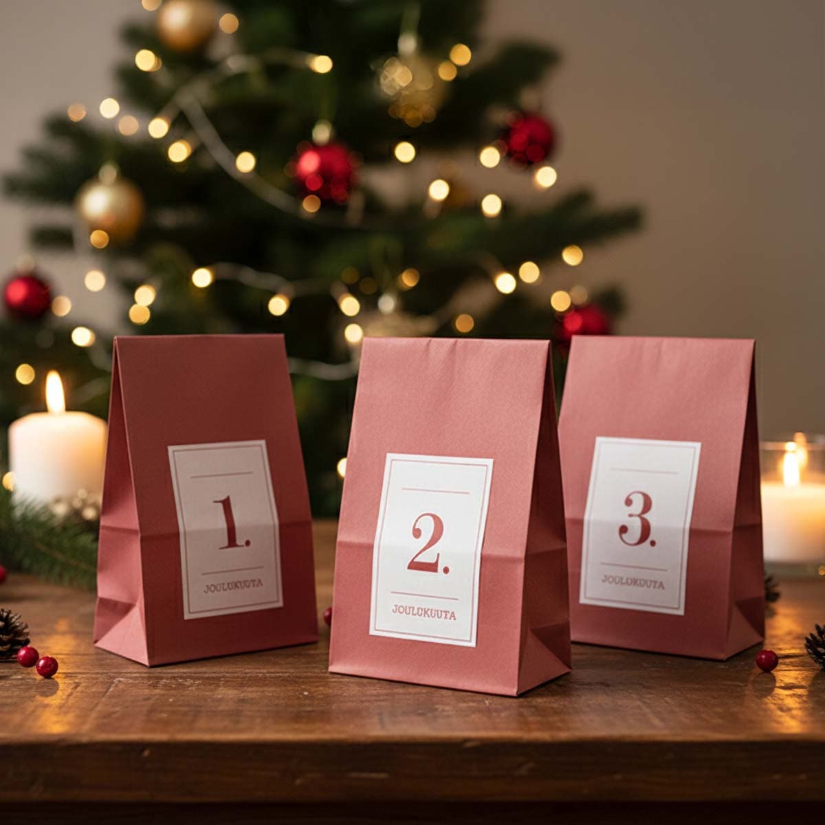 DIY Joulukalenteri – Punaiset pussit ja numerotarrat, 24 kpl