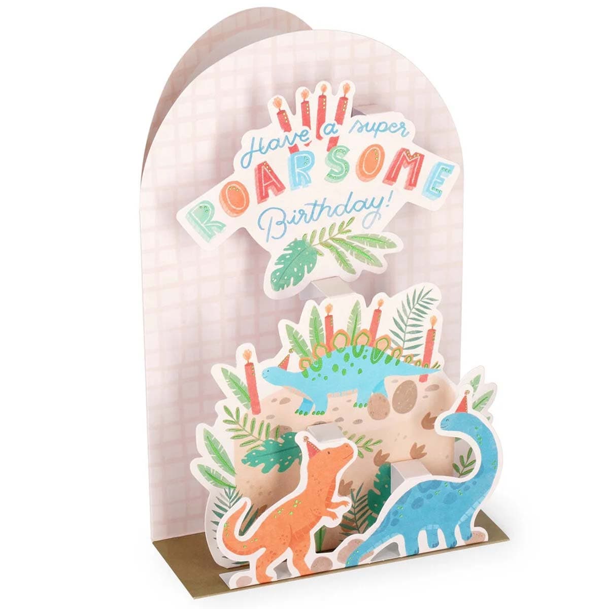 Pop-up-kortti – Dino ja synttärikakku